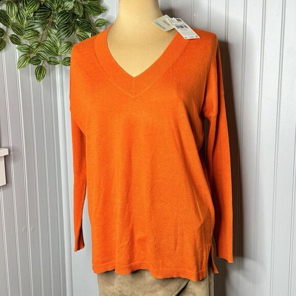 NWT Sz S MNG Orange Long Sleeve V-Neck Casual Pullover Womens Sweater Mango - Picture 1 of 16